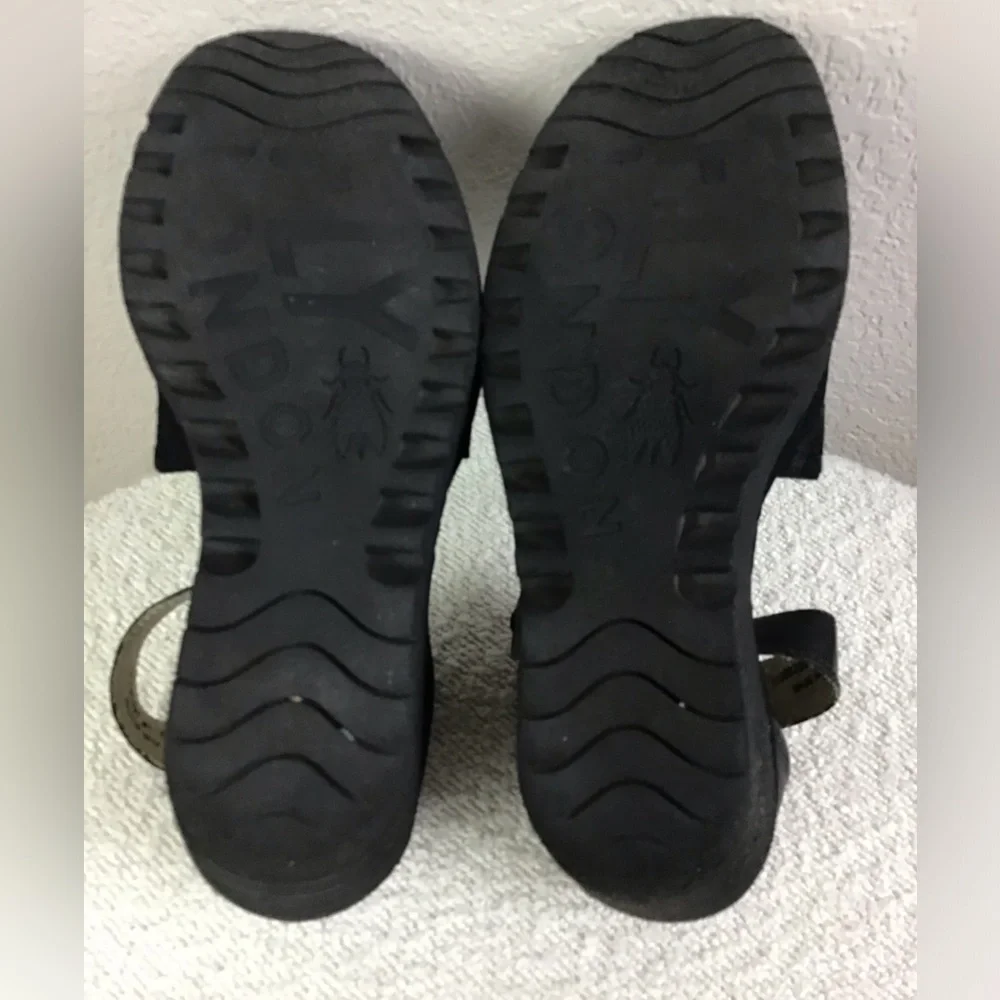 FLY London Perforated Leather Ankle Strap Wedges Sandals Black Size 38 (7.5-8)
